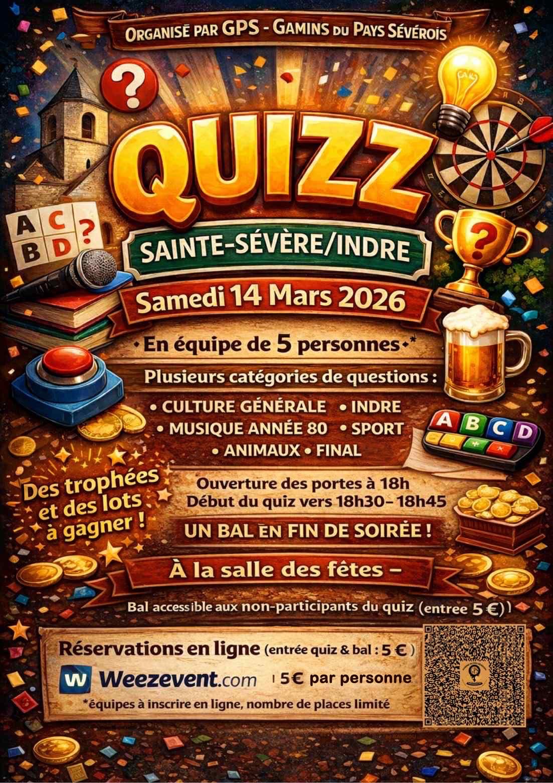 Soirée Quiz – GPS Gamins du Pays Sévérois – samedi 14 mars à la salle des fêtes de Ste-Sévère sur Indre