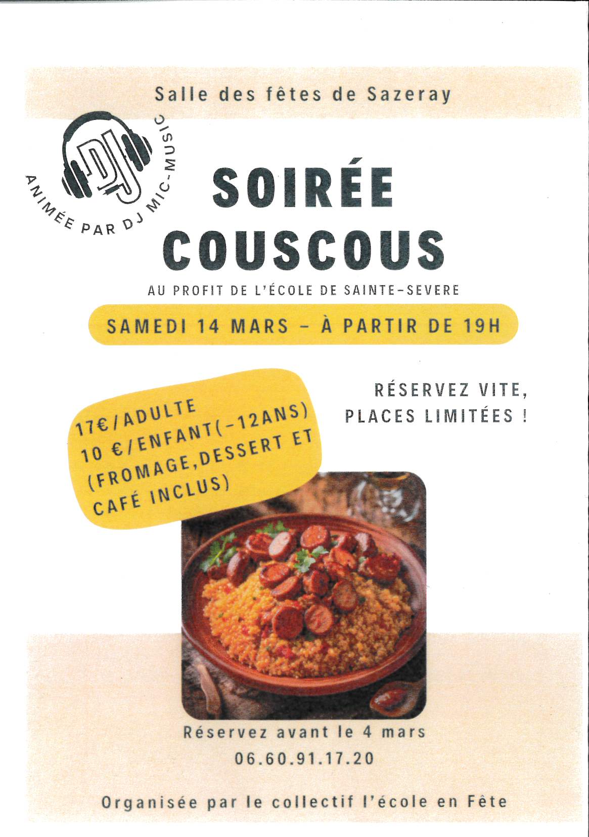 Soirée couscous à Sazeray organisée par le collectif l&rsquo;école en fête le 14 mars 2026